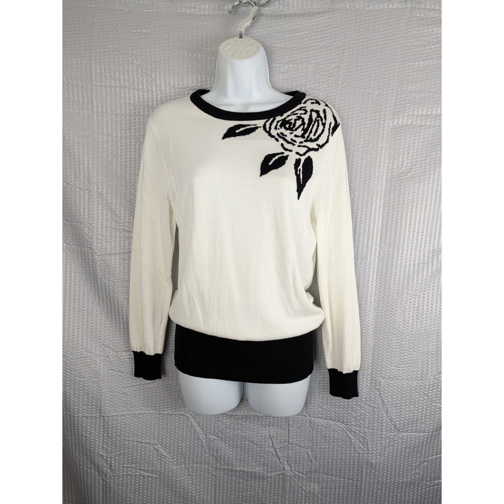 DG2 Diane Gilman Floral Rose Intarsia Sweater XS Black White Lightweight Knit